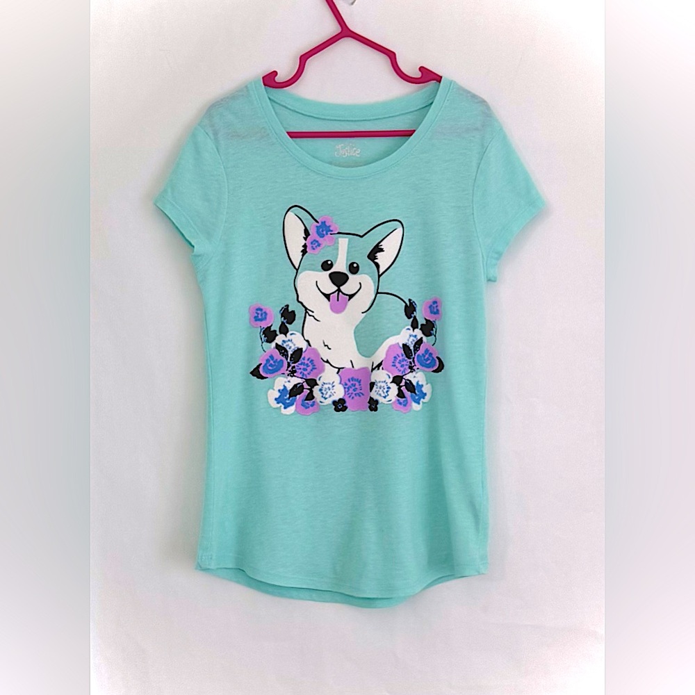 Justice Short Sleeve Shirt With Doggy In Purple Flowers